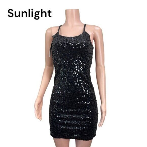 Black Sequin Mini Bodycon Dress With Adjustable Spaghetti Straps - Picture 1 of 13